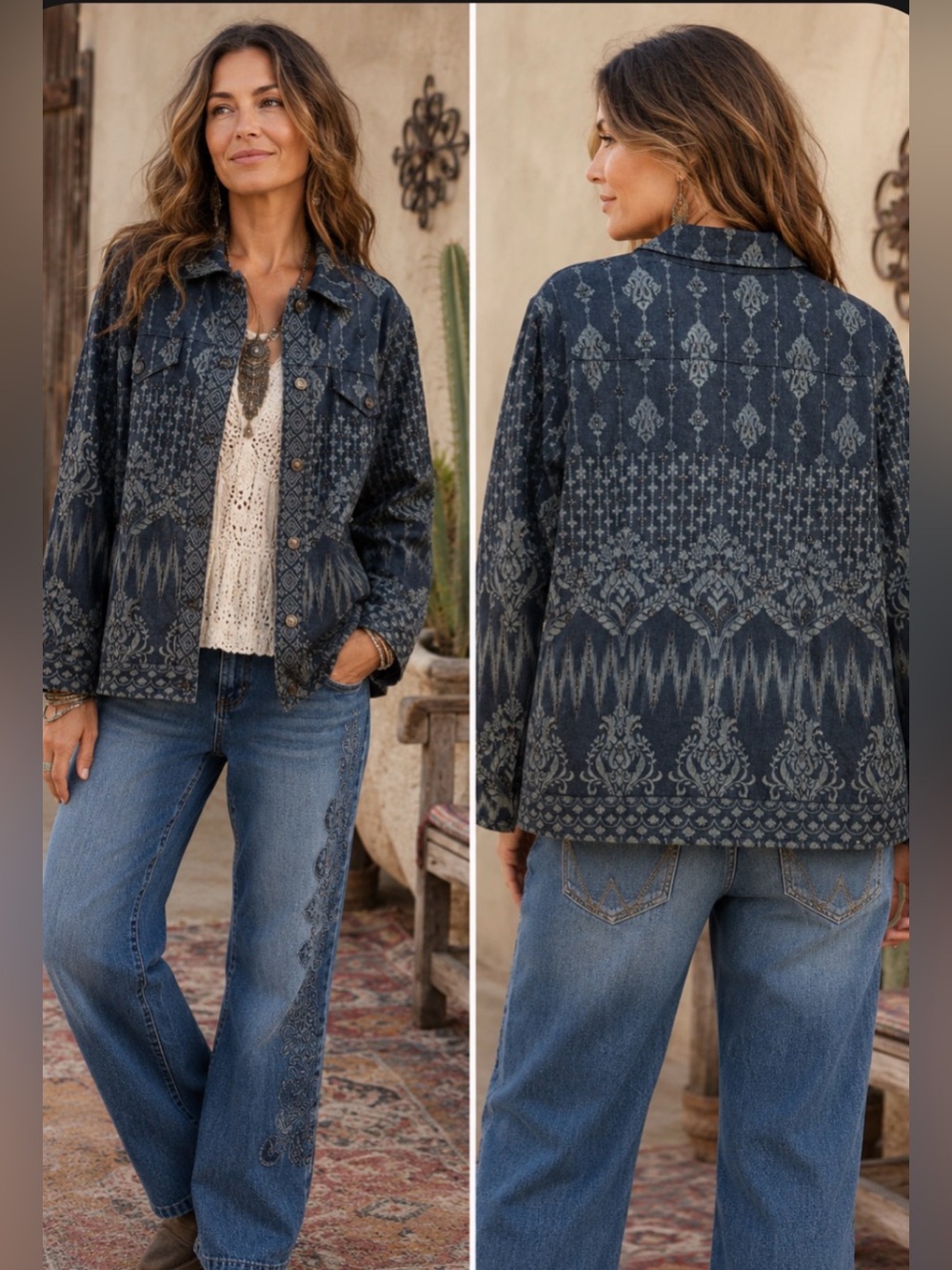 Chico's Indigo Jacquard Sequenced Bohemian Artsy Jean Jacket Size X-Large 16